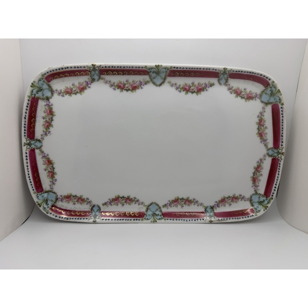 Antique ES Prussia Porcelain Dresser Tray Pink Roses Raspberry Border 11.25"